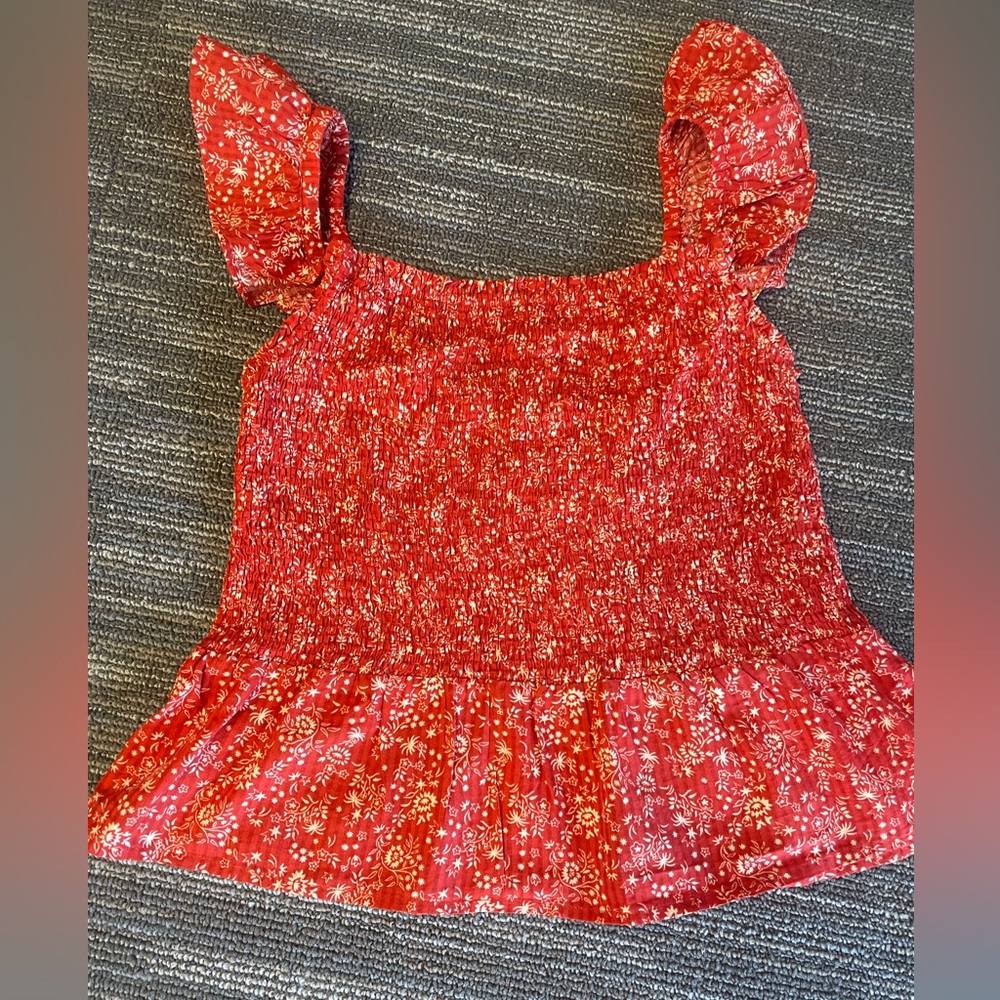 Women’s Madewell Red Floral Tank Blouse Ruffle Sleeve Size 6
